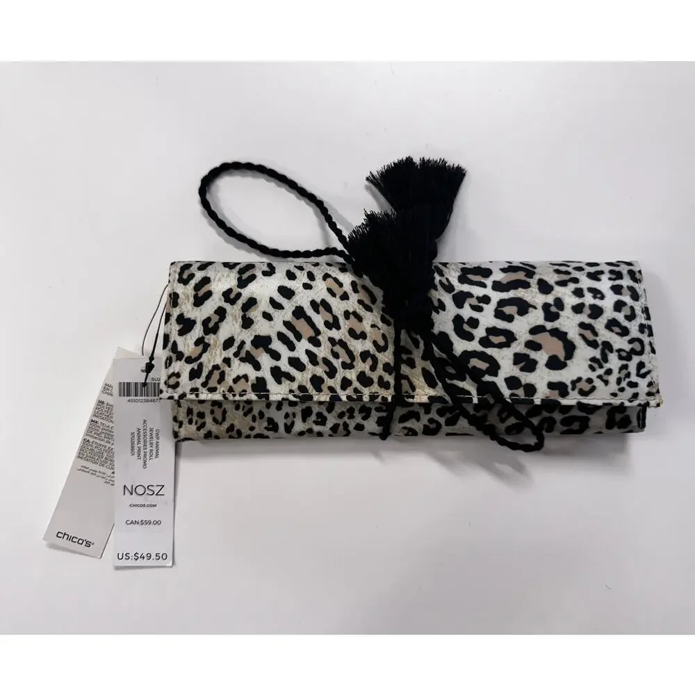 Chicos NWT $49.50 Jewelry Roll Travel Case Animal Print Leopard Tassel Tie